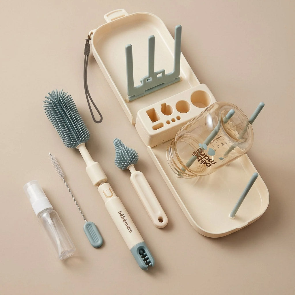 bebemarc portable travel baby bottle cleaning kit featuring silicone bottle brushes, straw cleaner, soap bottle, and built-in drying rack case