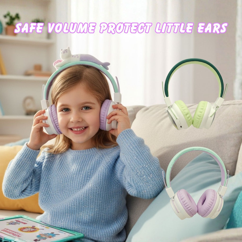 Child wearing Marckids ProtectedSound 85dB safe volume wireless Bluetooth kids headset at home