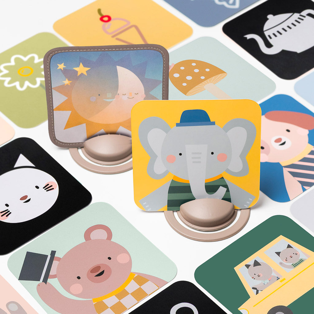 Taf Toys My 1st Discoveries Flash Cards displayed in upright card stands featuring animal patterns and a lenticular hologram motion card.