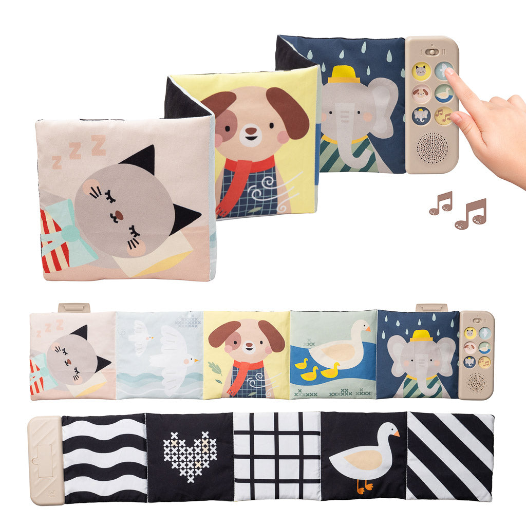 Taf Toys Soothing Sounds Book showing colorful animal illustrations, sound module buttons, and high-contrast black and white patterns.
