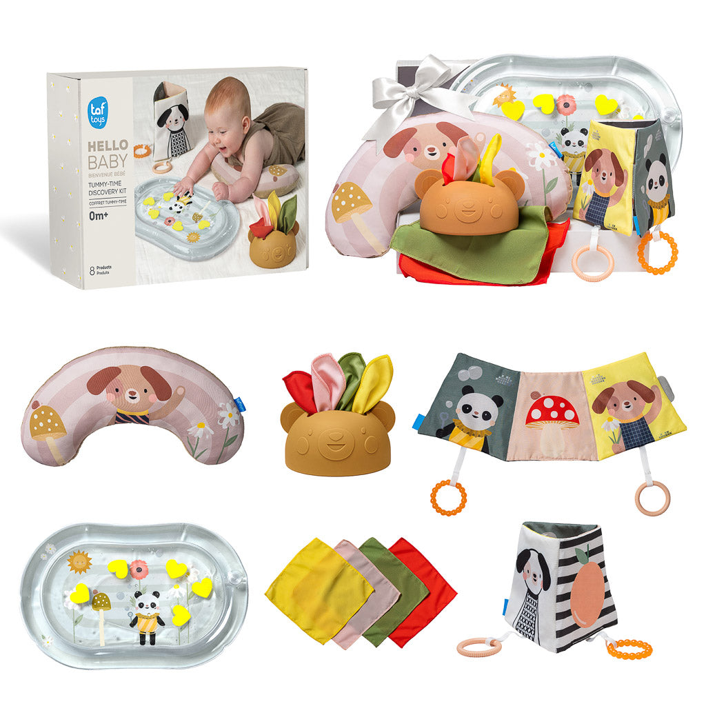 Taf Toys Tummy-Time Discovery Kit 14005 packaging and complete set of 8 developmental play items