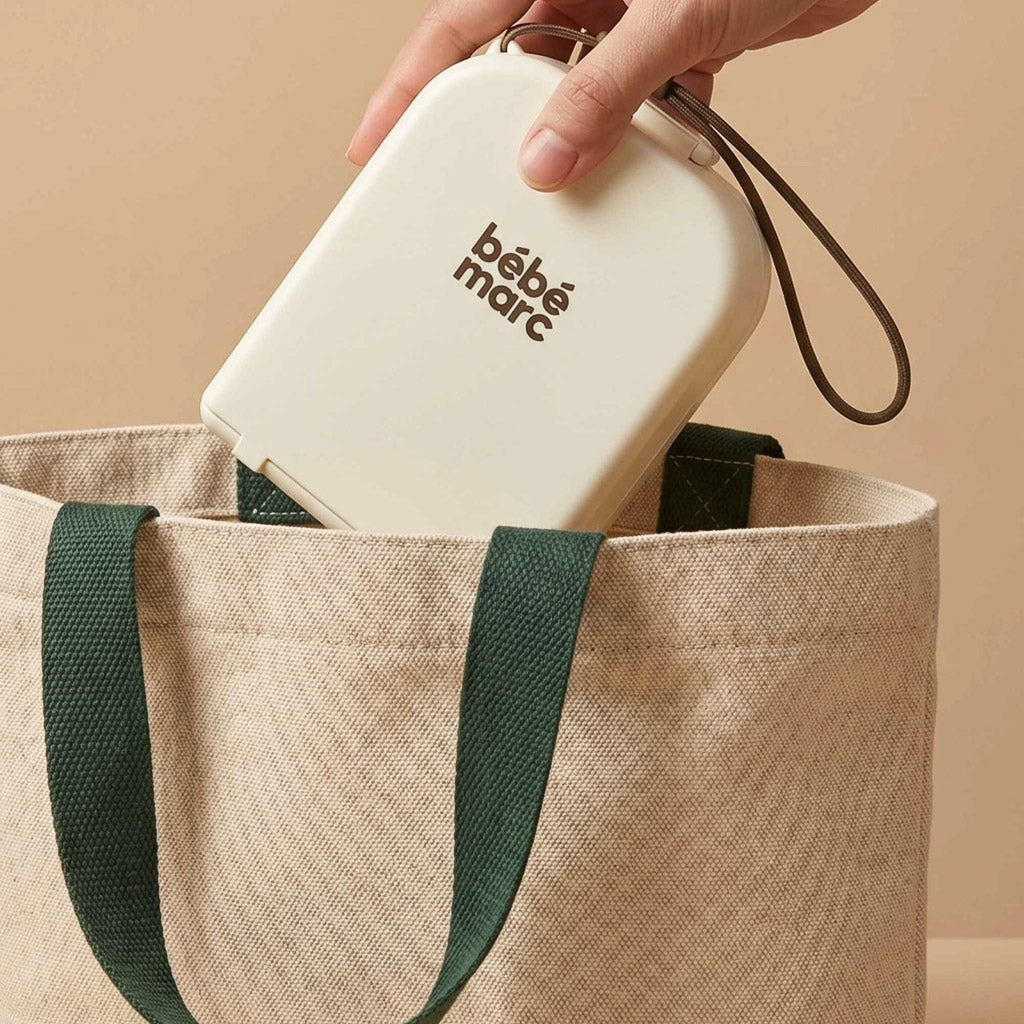 Hand placing a compact beige silicone baby bottle cleaning kit case into a tote bag for travel and outdoors.
