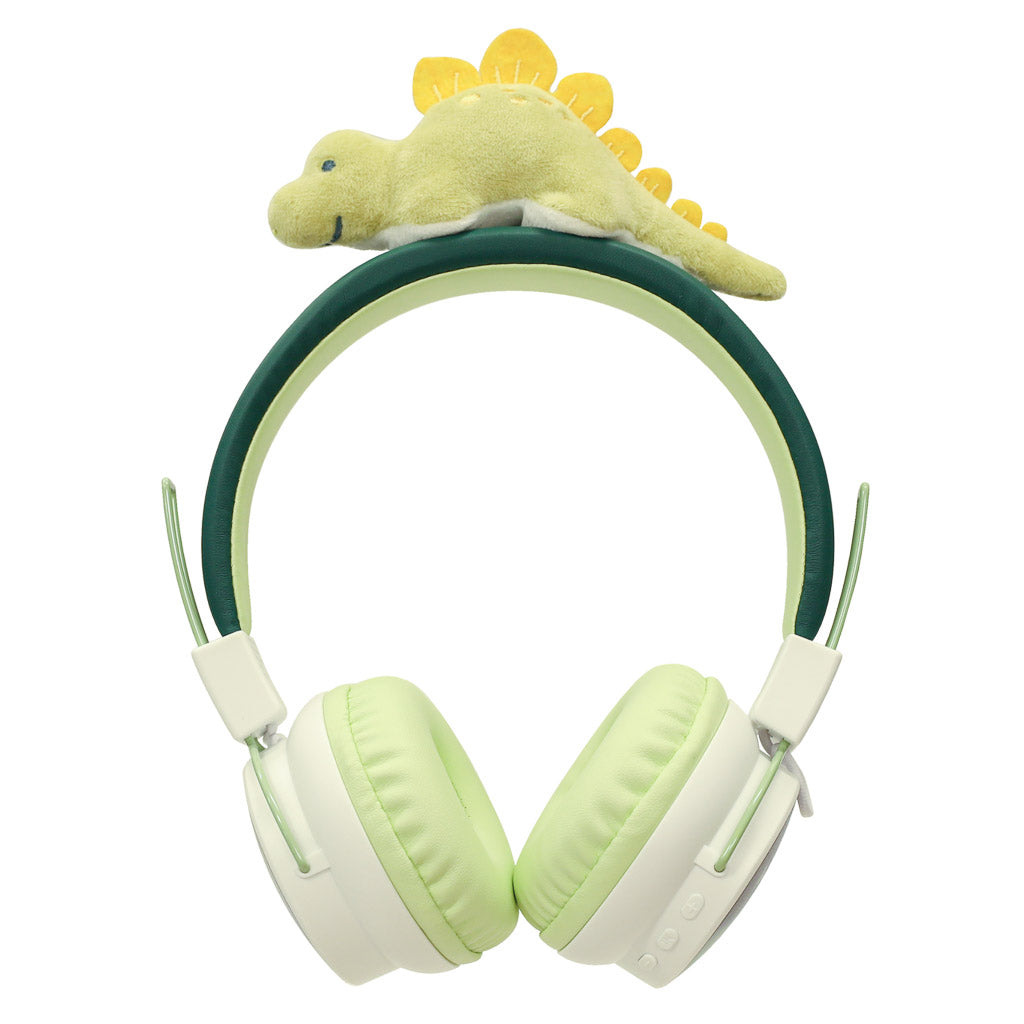 Marckids ProtectedSound 85dB safe volume wireless Bluetooth kids headset in Dino Green with detachable dinosaur buddy