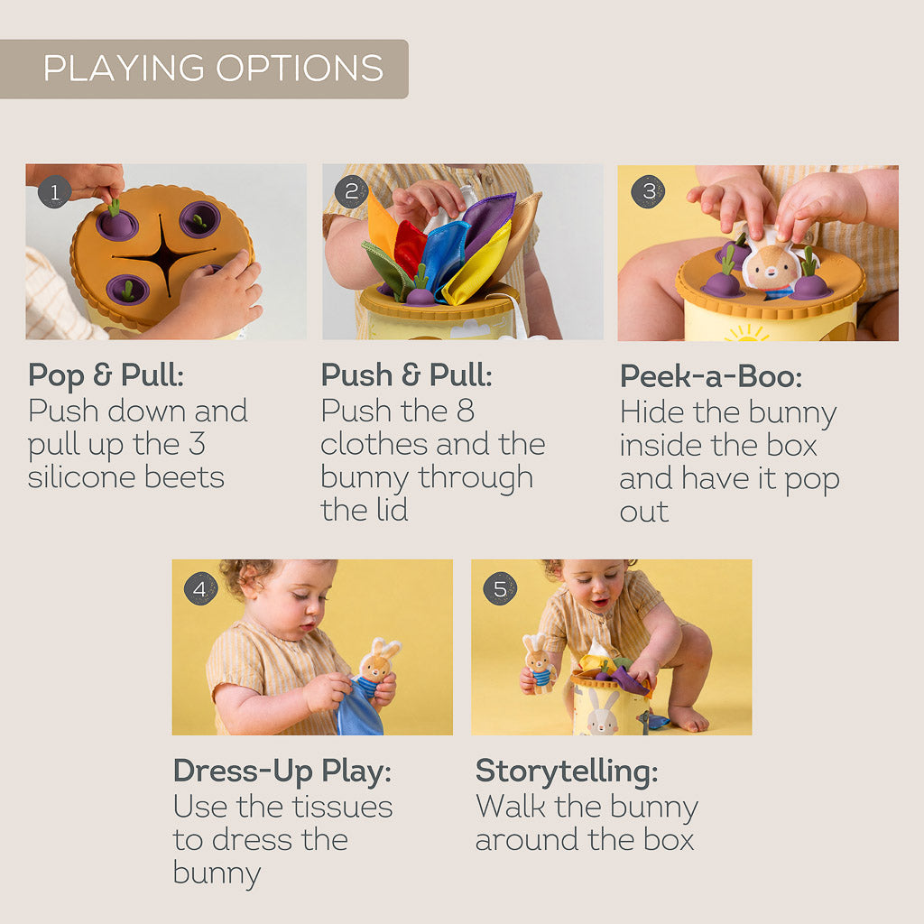 Infographic showing 5 playing options for Taf Toys Pop & Pull Tissue Box including pop, push, peek-a-boo, dress-up, and storytelling