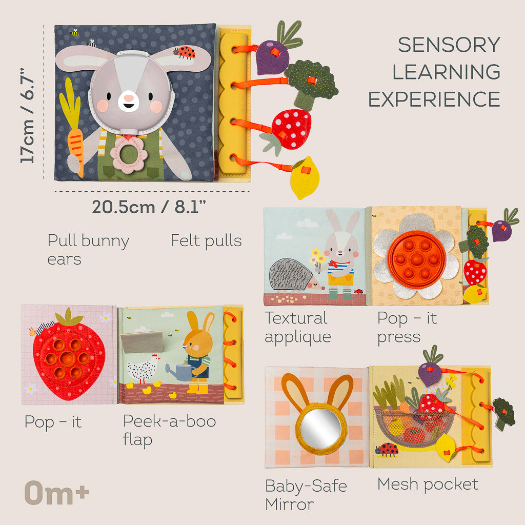 Taf Toys Sensory Garden Busy Book displaying front cover, open pages, pop-it flower, mirror, and hanging felt vegetables