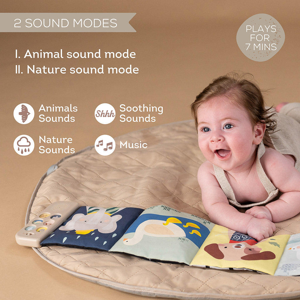 Taf Toys Soothing Sounds Book showing colorful animal illustrations, sound module buttons, and high-contrast black and white patterns.