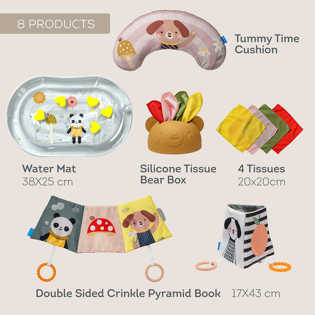 Taf Toys Tummy-Time Discovery Kit component dimensions including cushion, water mat, tissue box, and crinkle book