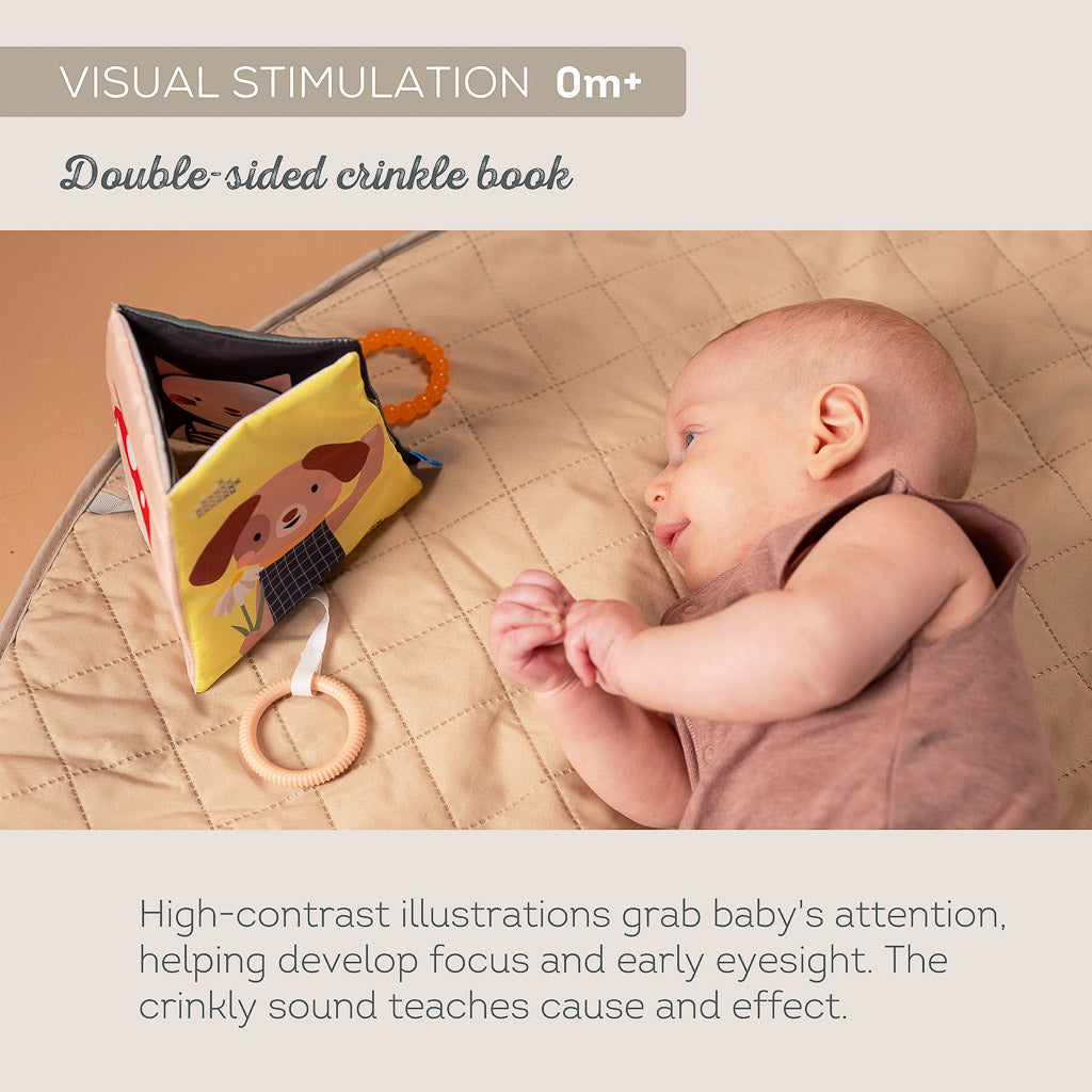 Baby looking at Taf Toys double-sided crinkle pyramid book for 0M+ visual stimulation and eyesight development