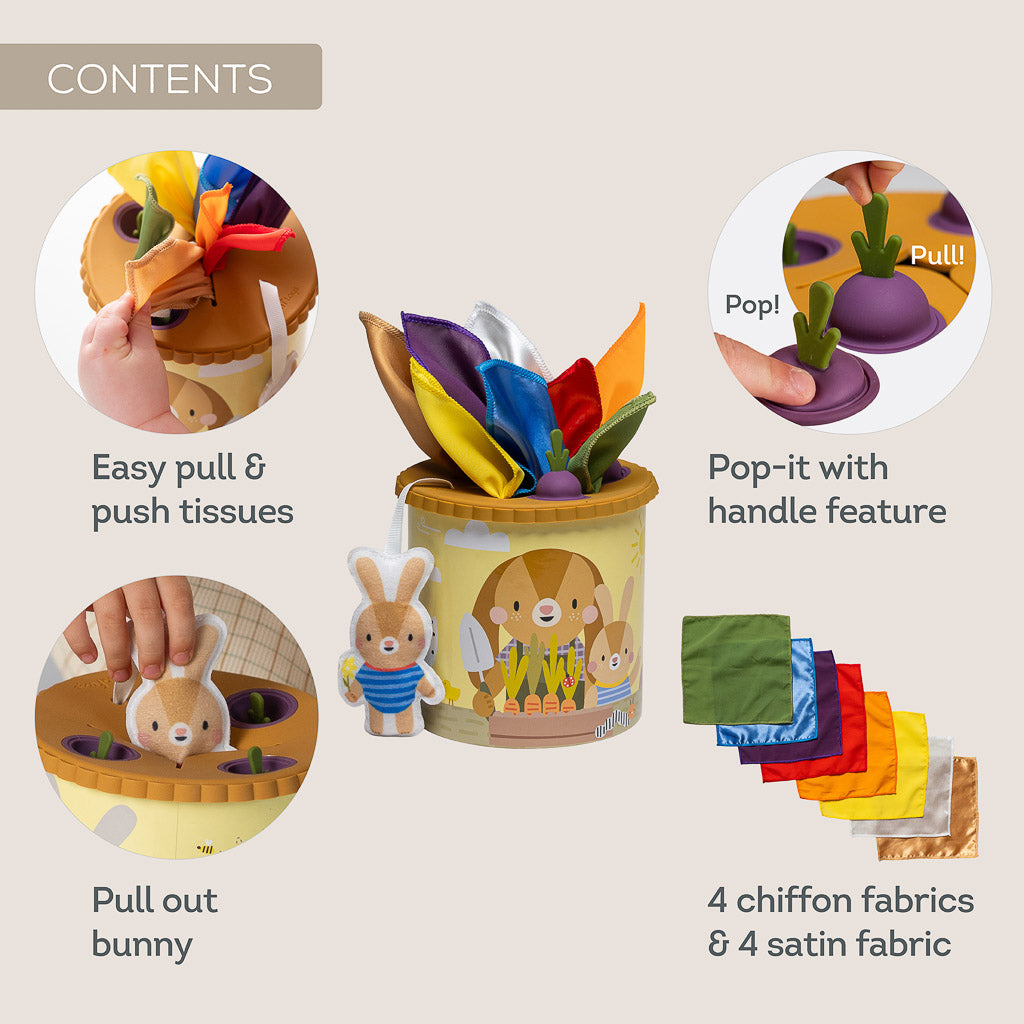 Taf Toys Pop & Pull Tissue Box contents including 4 chiffon fabrics, 4 satin fabrics, pull-out bunny, and silicone pop-it lid