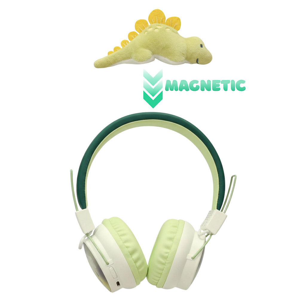 Marckids ProtectedSound 85dB safe volume wireless Bluetooth kids headset in Dino Green with detachable dinosaur buddy