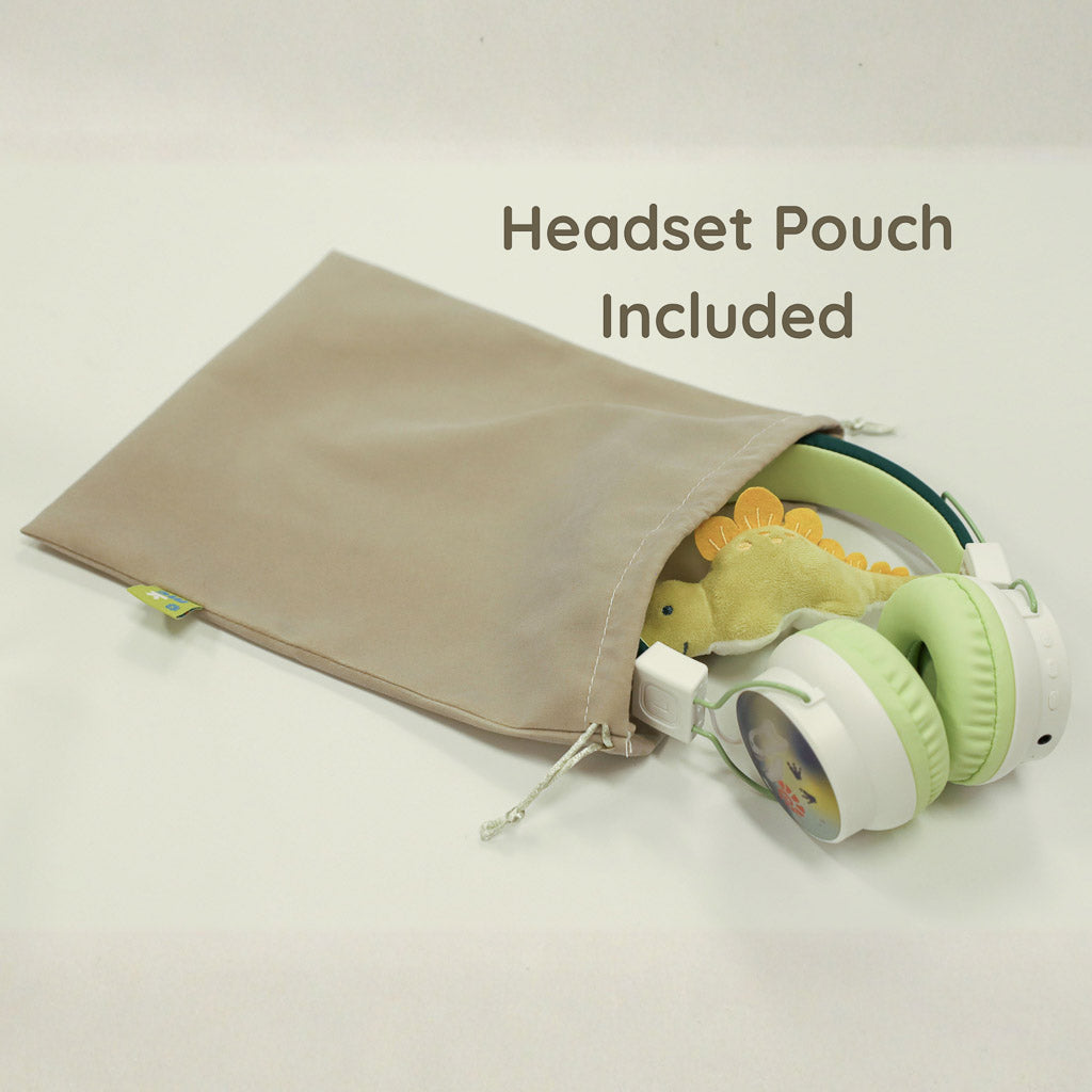 Marckids ProtectedSound 85dB safe volume wireless Bluetooth kids headset in Dino Green with a carry pouch