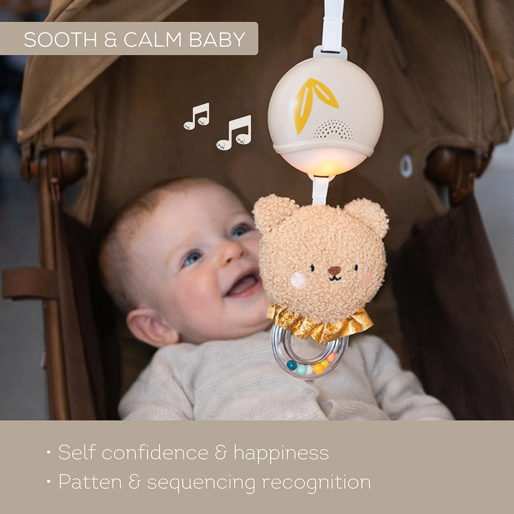 Happy baby smiling up at the Taf Toys soothing bear musical toy attached to a stroller canopy
