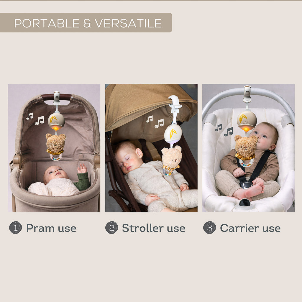 Three images demonstrating versatile use of the Taf Toys light up bear on a pram, a stroller, and a portable baby carrier