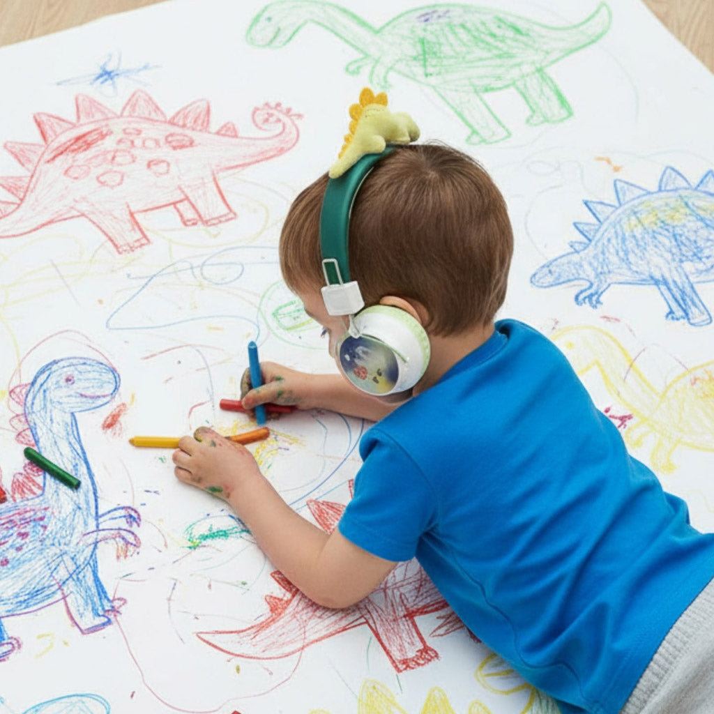 Child drawing with colorful crayons wearing a Marckids ProtectedSound 85dB safe volume wireless Bluetooth kids headset