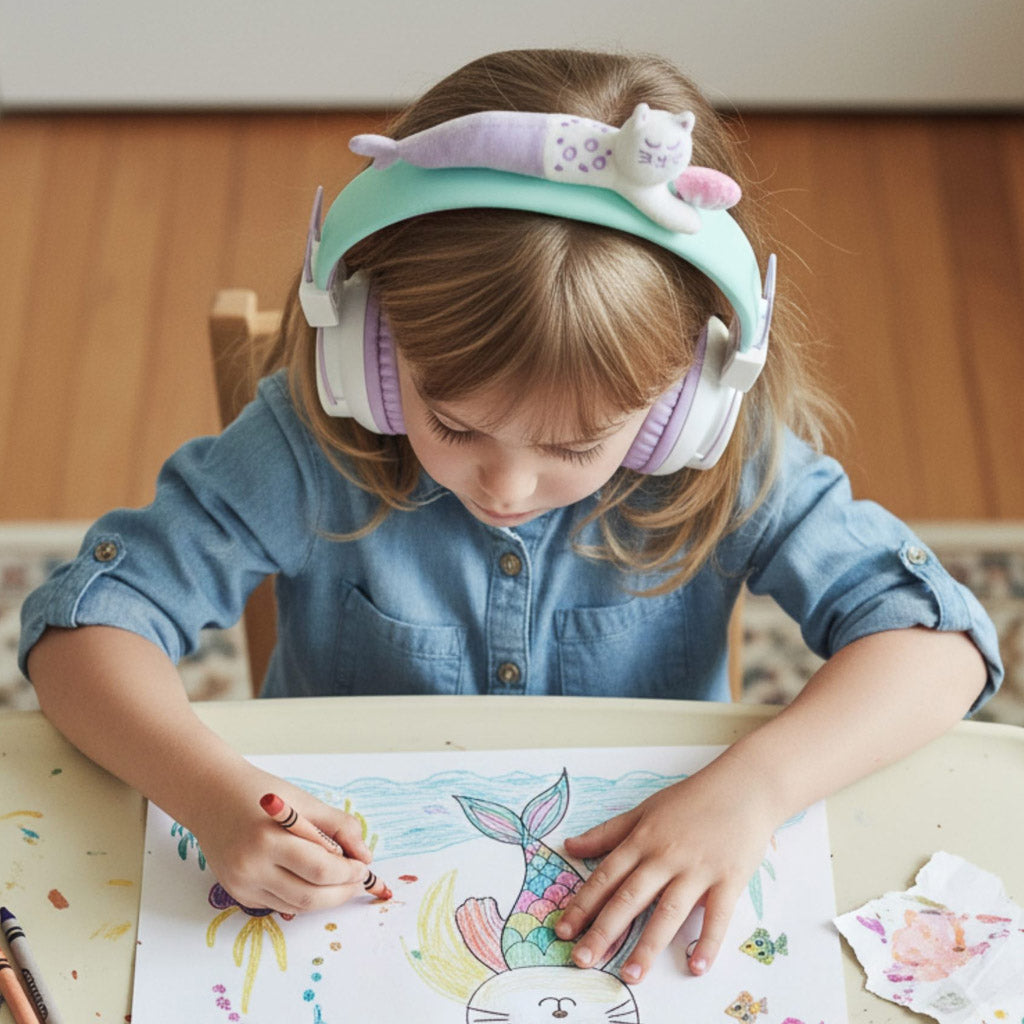 A young child wearing Marckids ProtectedSound 85dB safe volume wireless Bluetooth kids headset sits at a table at home