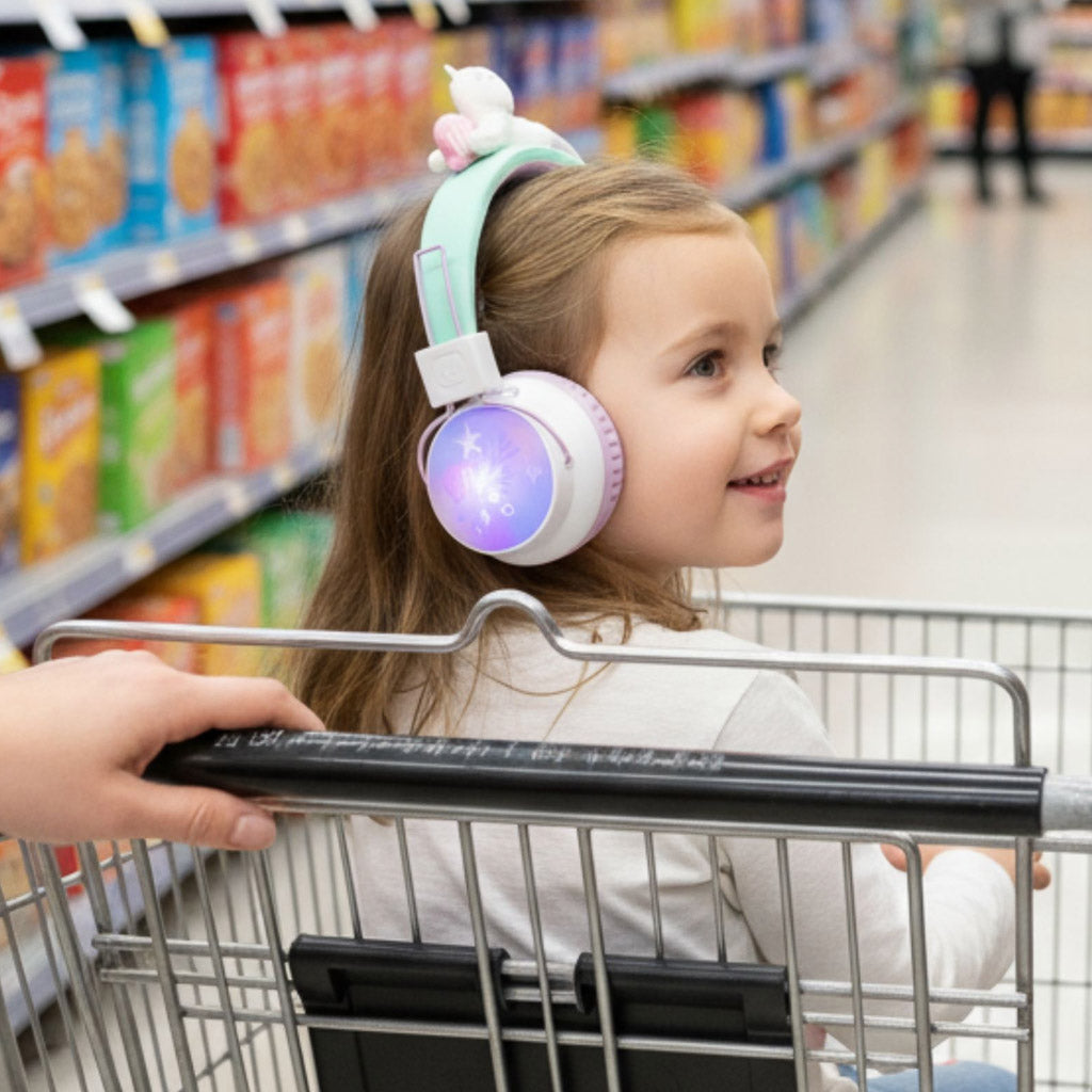 Child wearing Marckids ProtectedSound 85dB safe volume wireless Bluetooth kids headset in a grocery store.