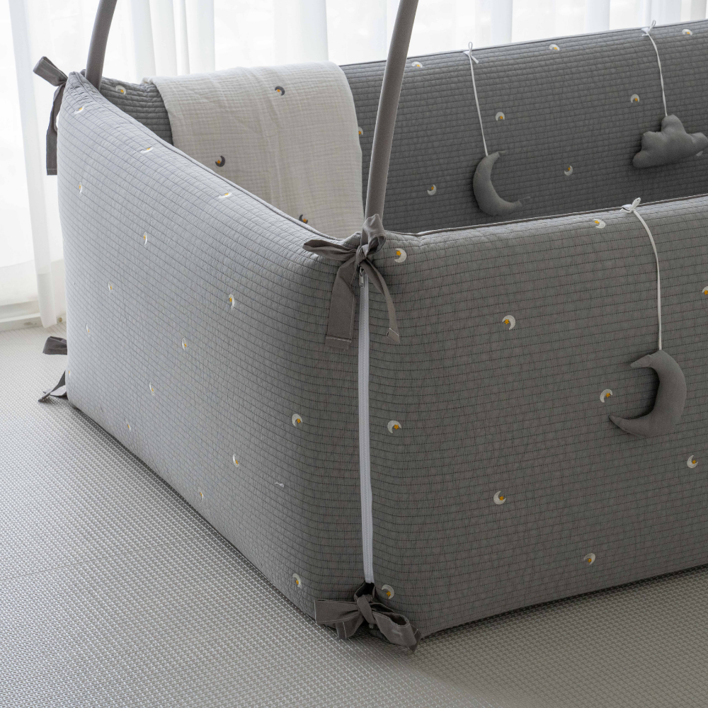 LOLBaby Cotton Embroidery Bumper Bed with Hanging Toy and Canopy - Moon Star Grey