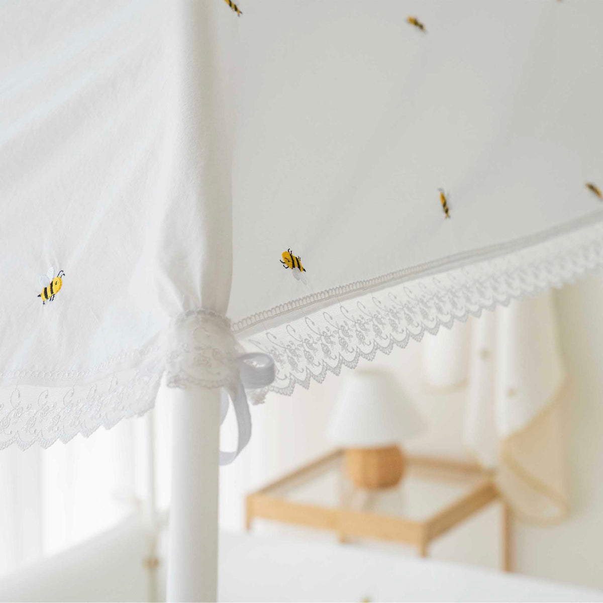 LOLBaby Cotton Embroidery Bumper Bed with Hanging Toy and Canopy - Honey Bee