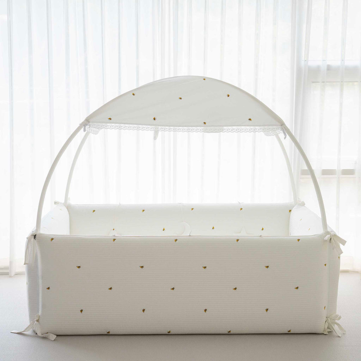 LOLBaby Cotton Embroidery Bumper Bed with Hanging Toy and Canopy - Honey Bee