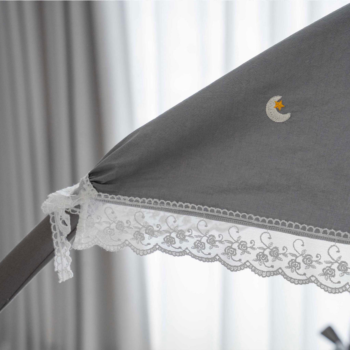 LOLBaby Cotton Embroidery Bumper Bed with Hanging Toy and Canopy - Moon Star Grey