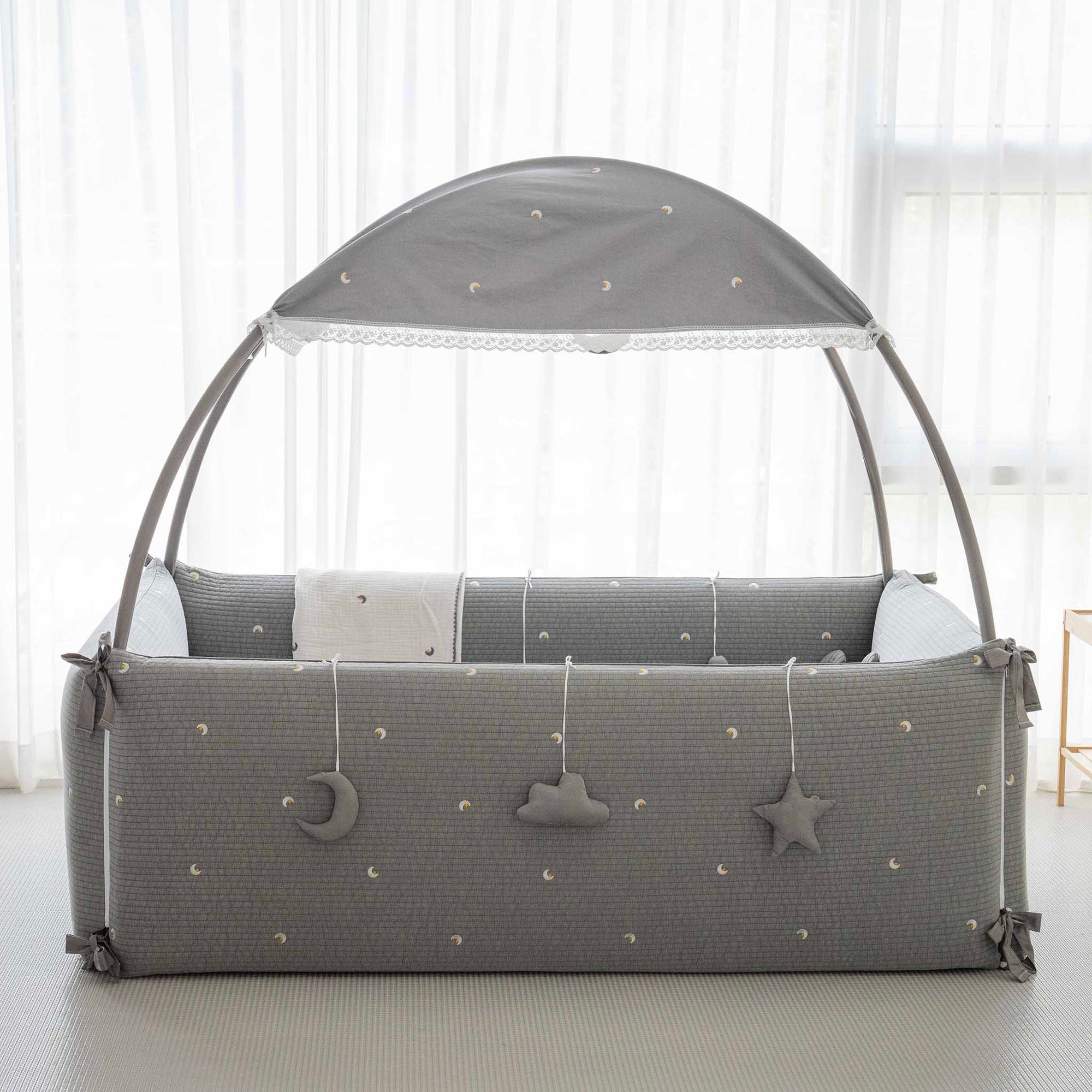 LOLBaby Cotton Embroidery Bumper Bed with Hanging Toy and Canopy - Moon Star Grey