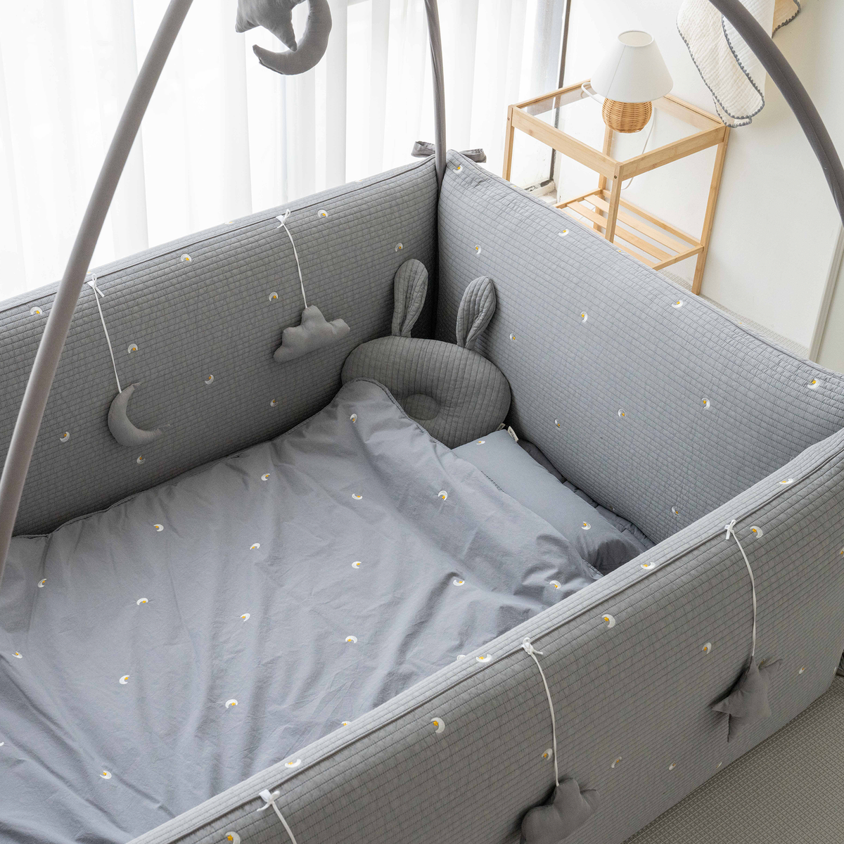 LOLBaby Cotton Embroidery Bumper Bed with Hanging Toy and Canopy - Moon Star Grey