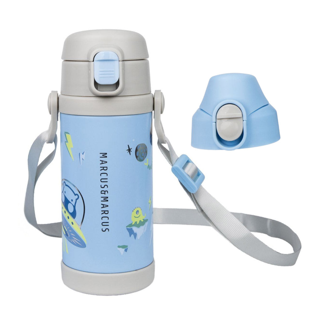 A light blue water bottle with a gray strap and lid, decorated with space-themed graphics and the text 'MARCUSMARCUS'. A separate light blue lid cap is shown to the right on a white background.