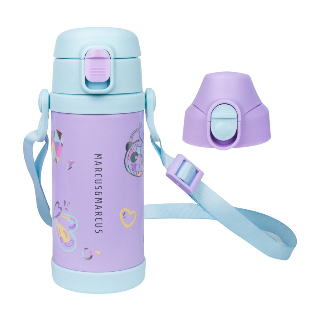 A light purple and light blue insulated water bottle with a matching light blue strap, shown alongside its detached cap on a white background. The bottle features the brand name 'MARCUSGARCUS' printed vertically on the side.