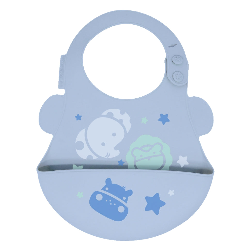 A light blue silicone baby bib with a wide mouth tray and cute cartoon animal and star patterns, shown on a plain white background.