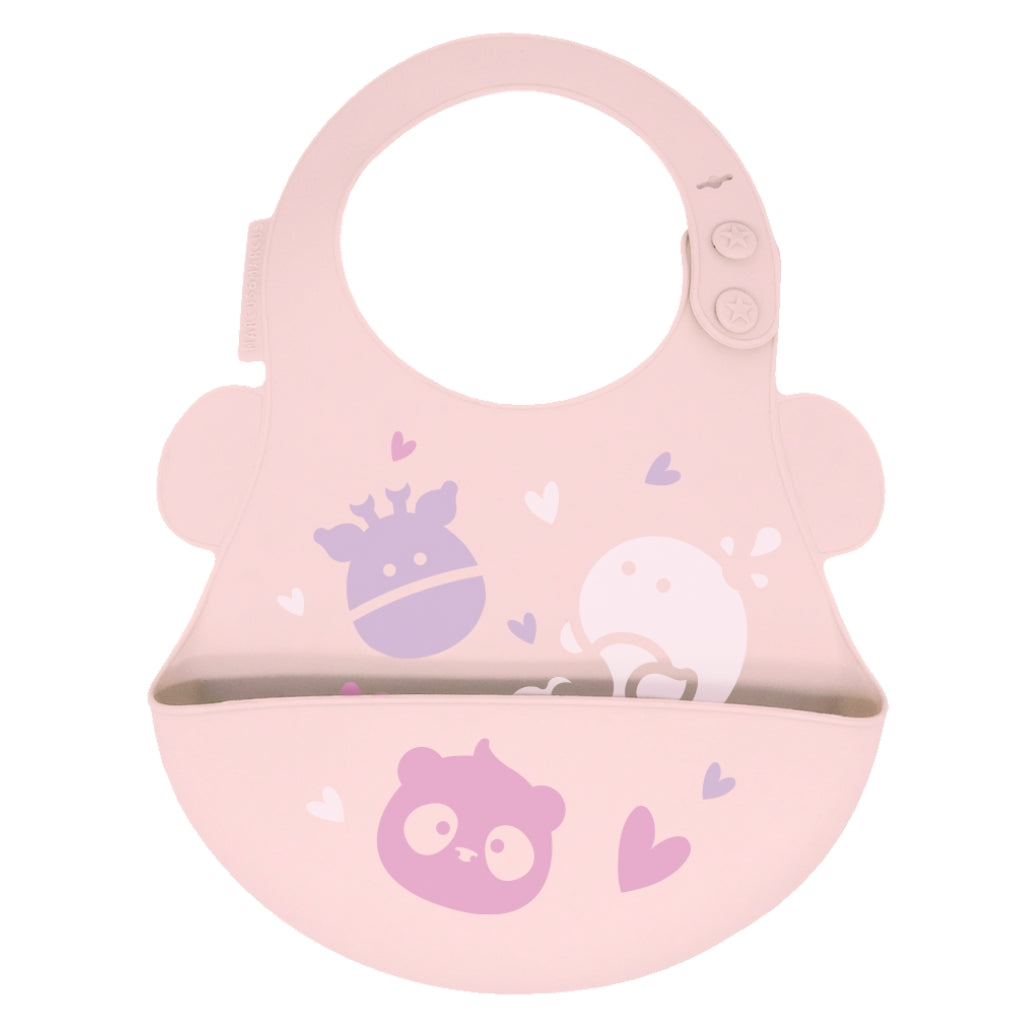 A light blue silicone baby bib with a wide mouth tray and cute cartoon animal and star patterns, shown on a plain white background.